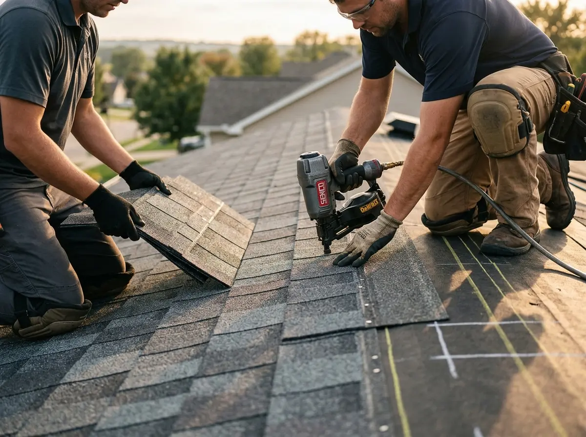 Professional roofer working on a residential roof in Gilberts
